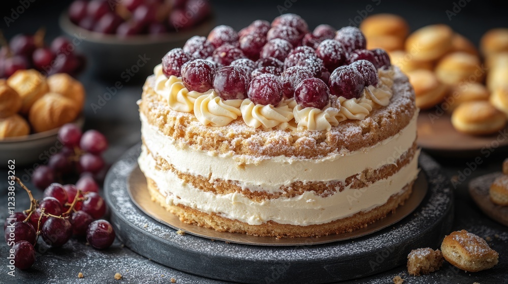Poster Delicious cream cake topped with grapes on a dark setting with pastries and empty space for text or promotional content.