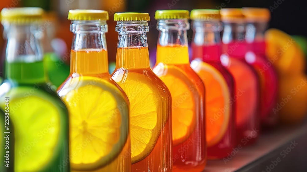 Aufkleber vibrant citrus syrup bottles displaying assorted colors with fresh citrus slices in bright glass con