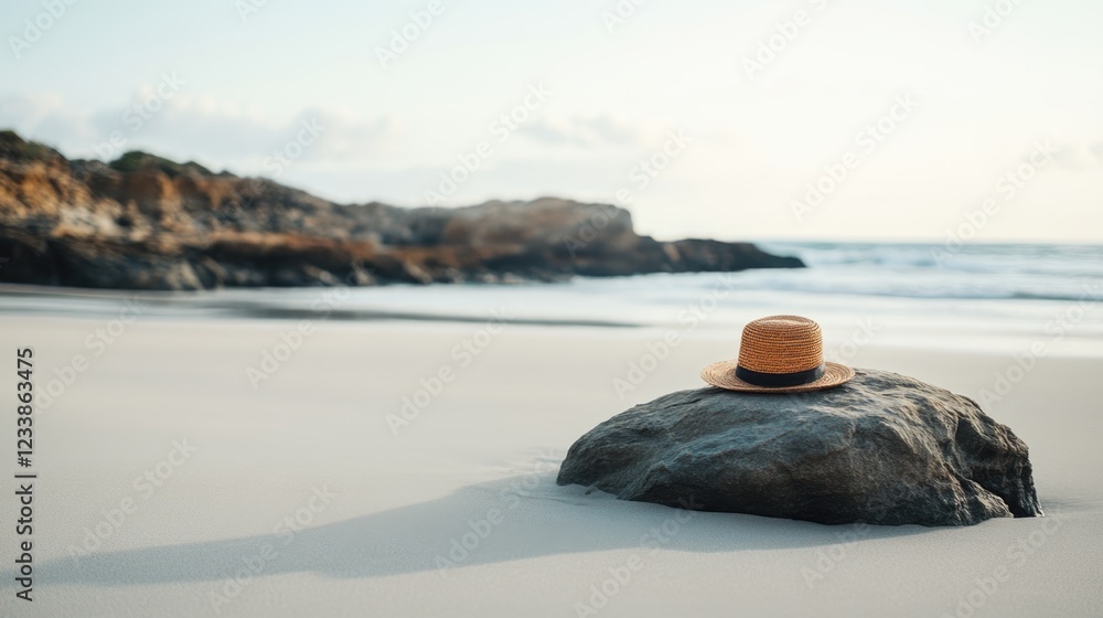 Aufkleber tranquil beach scene with straw hat on rock and empty space for text and relaxation concepts