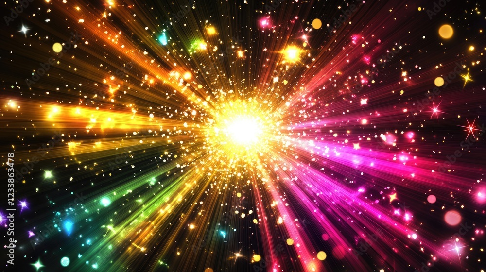 Poster cosmic light beams radiating vibrant colors through a dark space filled with sparkling stars and shi