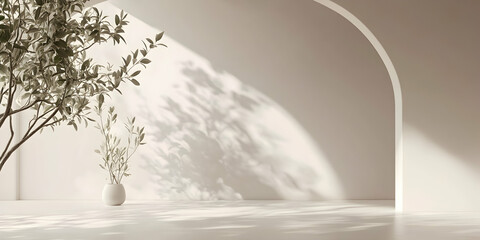 Obraz premium Serene minimalist interior with arched wall, sunlight casting plant shadows, and potted plants. Perfect for home decor, wellness, or spa concepts.