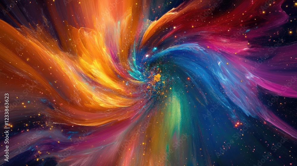 Poster Colorful abstract swirl with cosmic elements representing creativity and digital connections in a vibrant space environment.