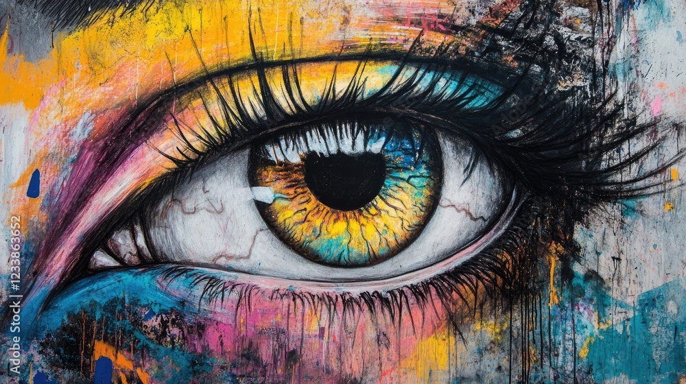 Aufkleber vibrant and expressive charcoal drawing showcasing a detailed open eye with striking colors and arti