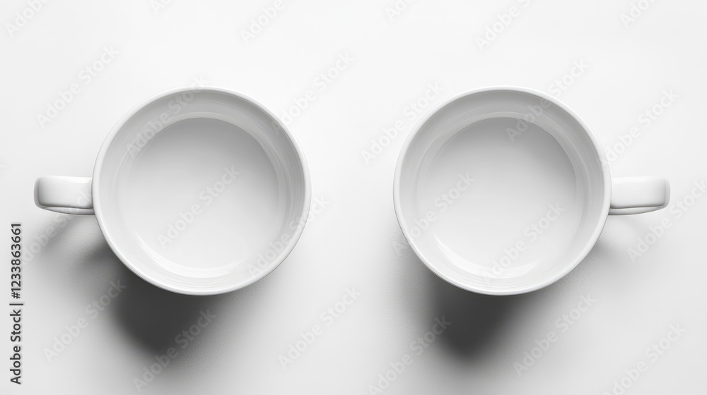 Poster empty porcelain coffee cups placed symmetrically on a minimalist white background creating a clean a