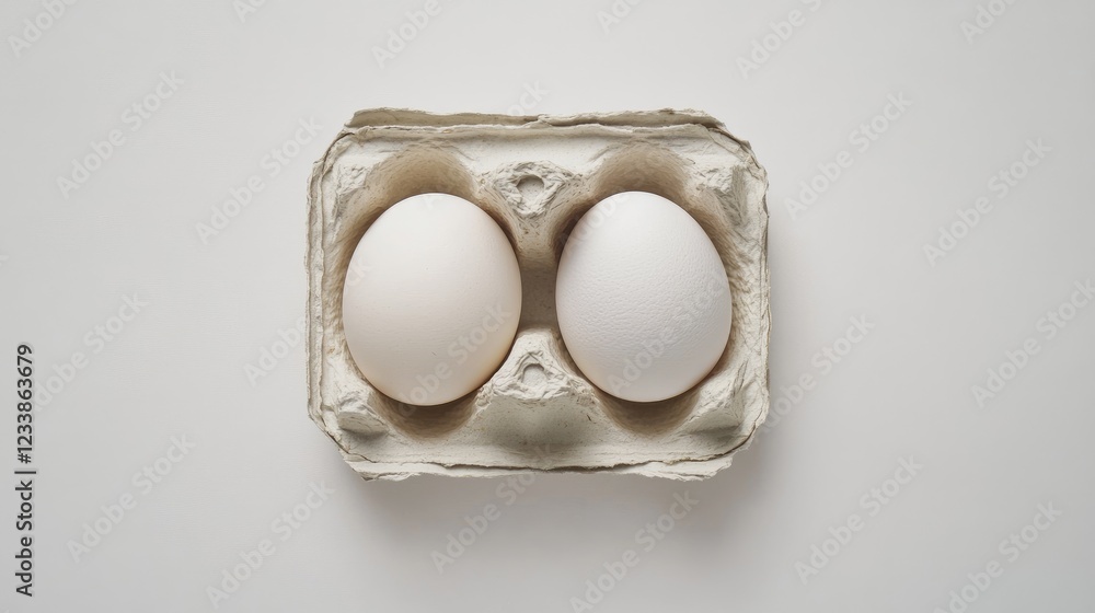 Poster fresh white eggs in a carton on a clean white background viewed from above showcasing simplicity and