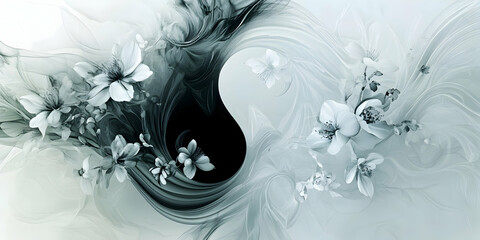 Abstract Yin Yang floral design with grayscale flowers and flowing, swirling shapes. Perfect for backgrounds, meditation, and serenity themes.