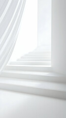 Obraz premium Serene white staircase ascending towards bright light, partially obscured by flowing sheer curtain. Minimalist architectural design.