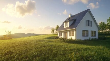 Countryside House with White Walls Surrounded by Lush Green Lawns Under a Bright Sky at Sunrise