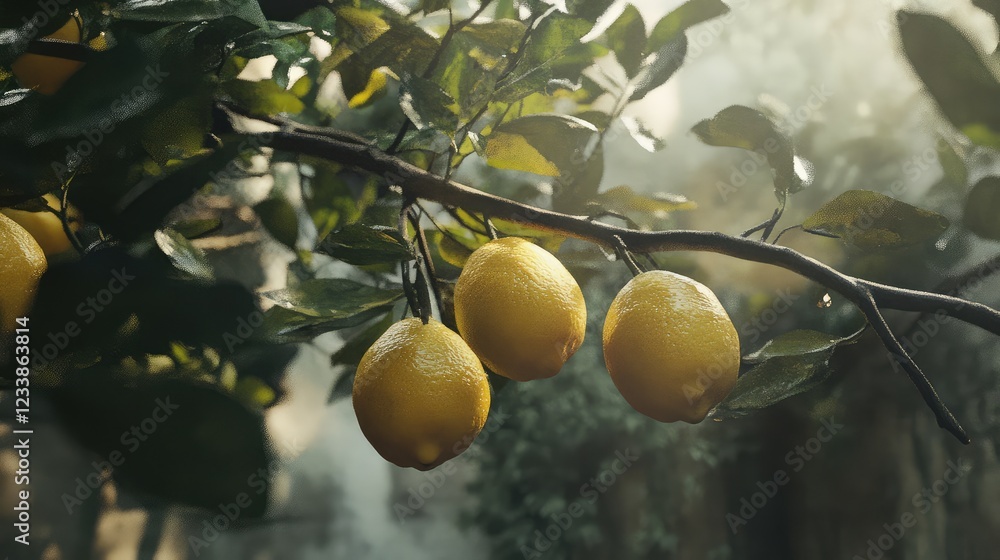 Poster lush yellow lemons cascading from green branches in a serene garden setting with soft sunlight filte