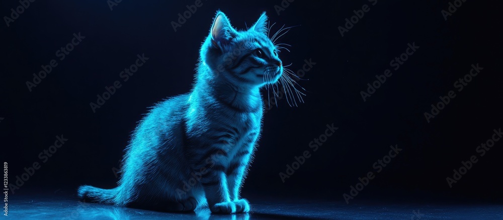 Poster neon blue cat illuminated in darkness with copy space for text on dark background ideal for pet and 