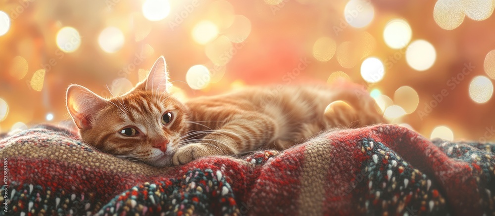 Poster festive cat relaxing on cozy blanket with bokeh lights and empty space for text in holiday theme