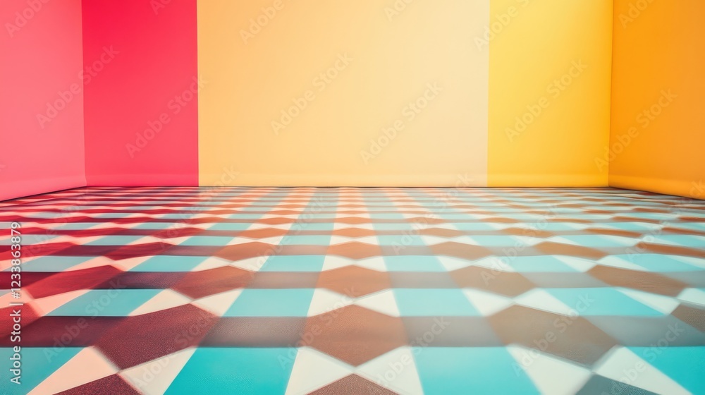 Poster colorful checkered floor with gradient wall design ideal for artistic backgrounds and creative proje