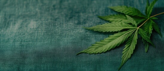Naklejka premium CBD Oil and Cannabis Leaf on Dark Textured Background with Empty Copy Space for Text in Close Up Perspective