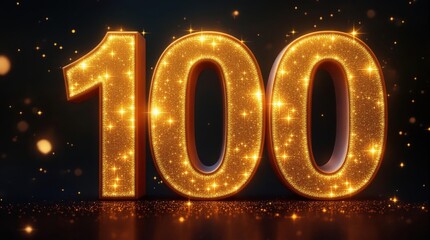 golden glowing number 100 with sparkling light effects, celebratory anniversary sign, milestone achievement with dazzling illumination, luxury digital rendering of centennial success
