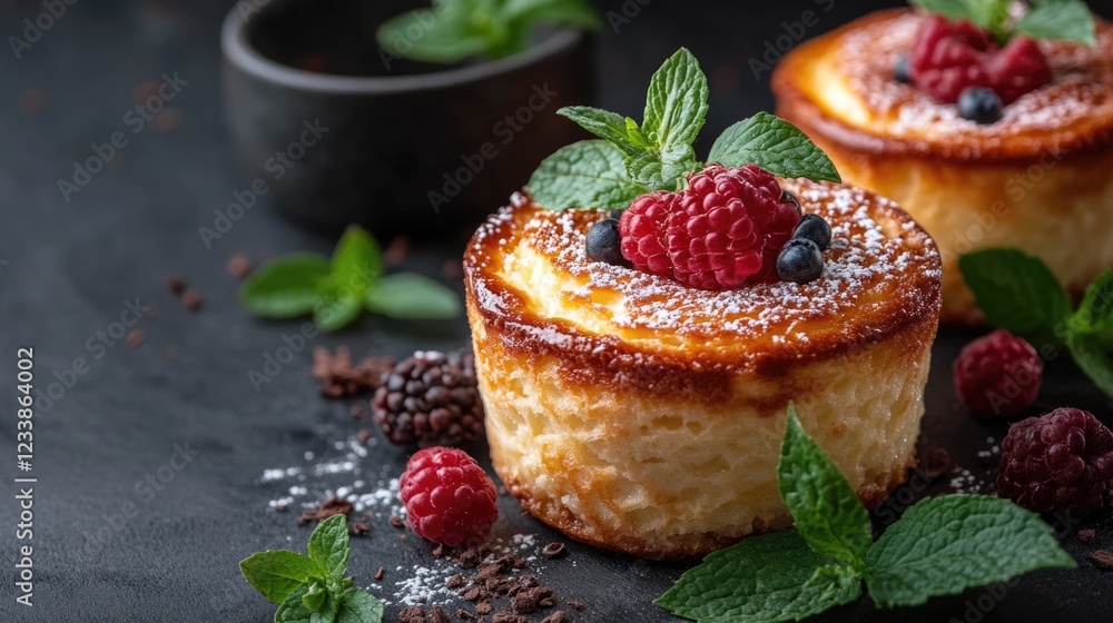 Poster Top view of fresh dessert souffle garnished with berries and mint on dark background with empty space for text or label.