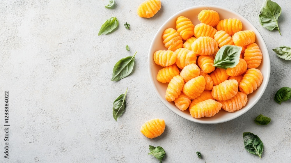 Aufkleber vegan sweet potato gnocchi in a bowl with fresh basil leaves on a grey surface ideal for food-relate