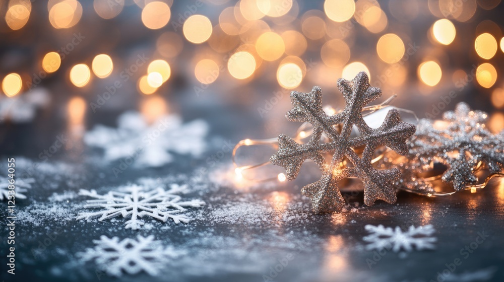 Poster winter background with grey bokeh lights and snowflakes featuring empty space for text ideal for sea