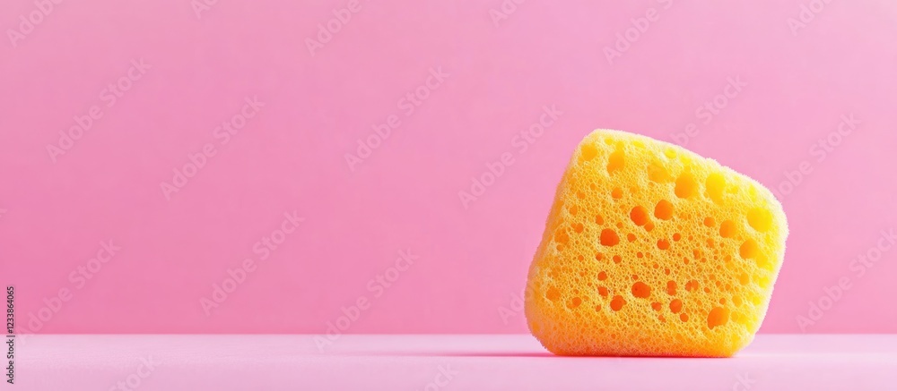 Poster bright yellow sponge on a vibrant pink background ideal for minimalistic product display with ample 