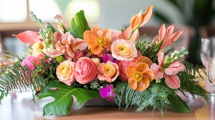 Beautiful Floral Arrangement of Orange and Pink Flowers with Greenery on Table Setting