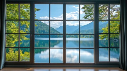 Fototapeta premium Scenic Window View of Serene Lake Surrounded by Lush Trees and Majestic Mountains under Clear Blue Sky
