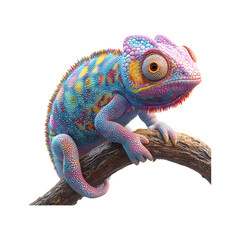 Obraz premium Colorful 3D Cartoon Chameleon on a Branch Isolated on Transparent Background