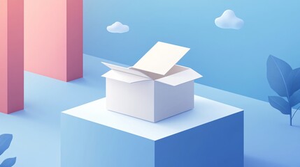 Colorful 3D Isometric Cartoon Parcel Box Open with Items Inside Vector Illustration