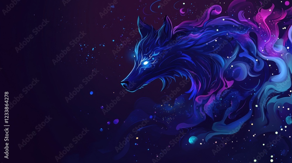Poster cosmic mystical wolf showcasing vibrant colors and supernatural elements in a celestial background w