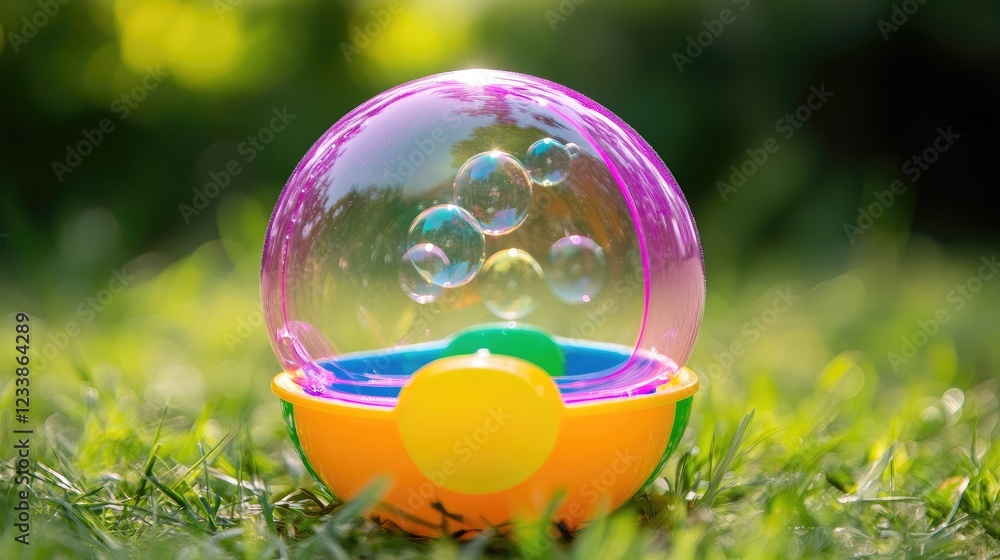 Aufkleber Colorful bubble toy surrounded by greenery creating a playful atmosphere with a soft focus background and floating bubbles.