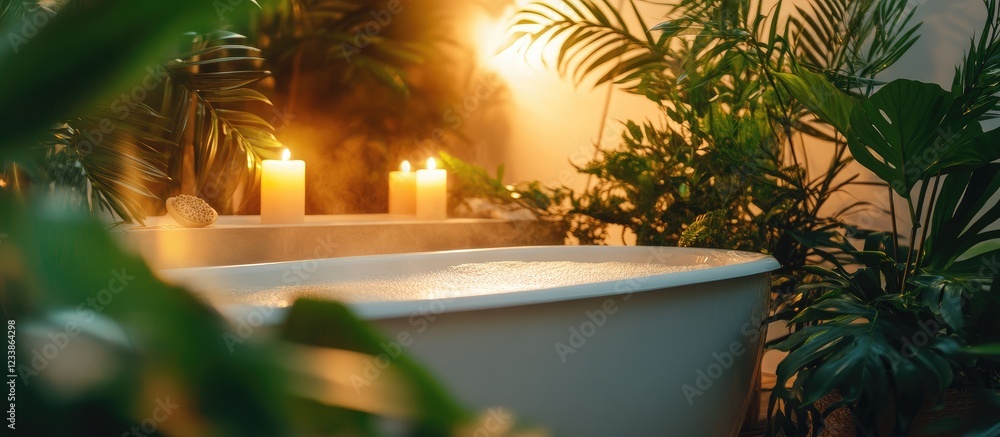 Aufkleber serene spa ambiance with a bathtub surrounded by lush greenery and warm candlelight featuring ample 