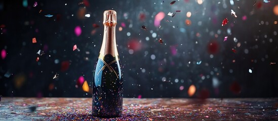 Champagne bottle surrounded by colorful confetti celebrating special moments with blank space for text customization