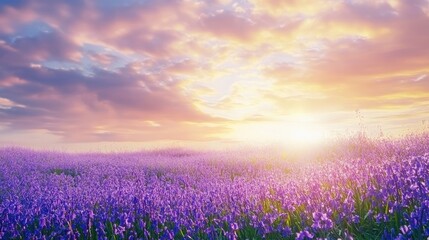 Fototapeta premium Vibrant Bluebell Flower Field at Sunrise Scenic Landscape with Colorful Clouds and Soft Light in Nature's Blooming Season