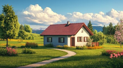 Countryside home with lush garden and pathway under a blue sky, ideal for nature and rural living themes.