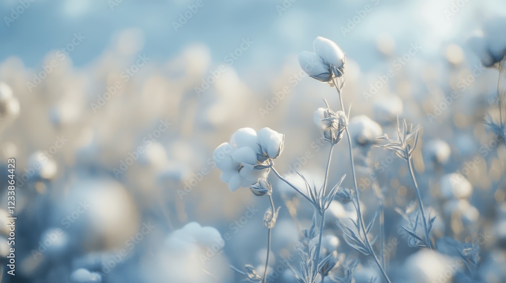 Poster cotton field close-up with soft focus and empty copy space for text or branding use