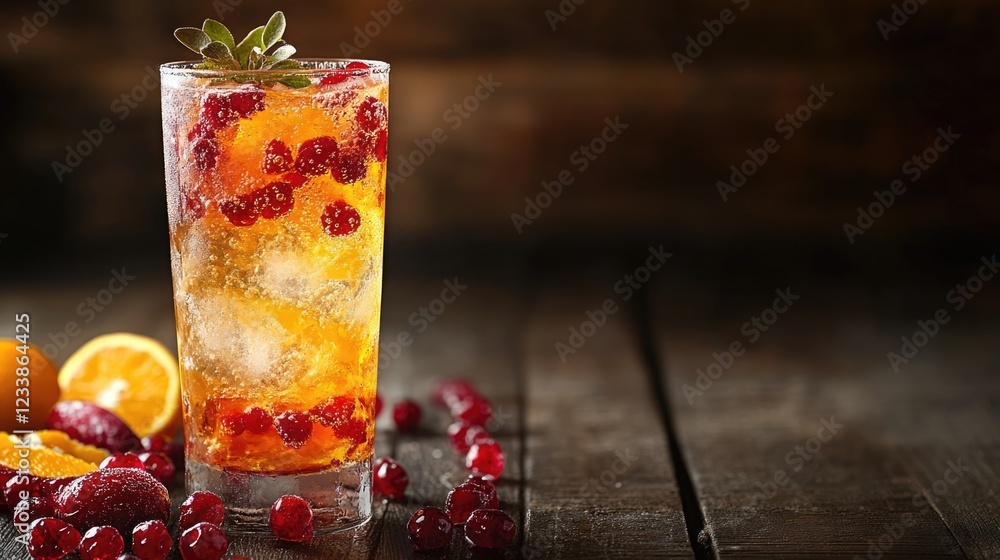 Poster refreshing red-orange sparkling cocktail with rum and fruits on a wooden table vibrant vertical comp