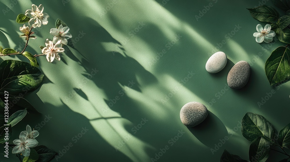 Poster minimalist nature flatlay with pebbles flowers and leaves in natural light on green background highl