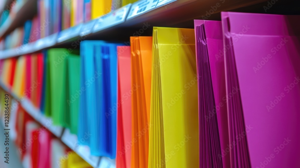 Poster Colorful paper packages neatly arranged on a store shelf creating a vibrant backdrop with empty space for text and advertising purposes