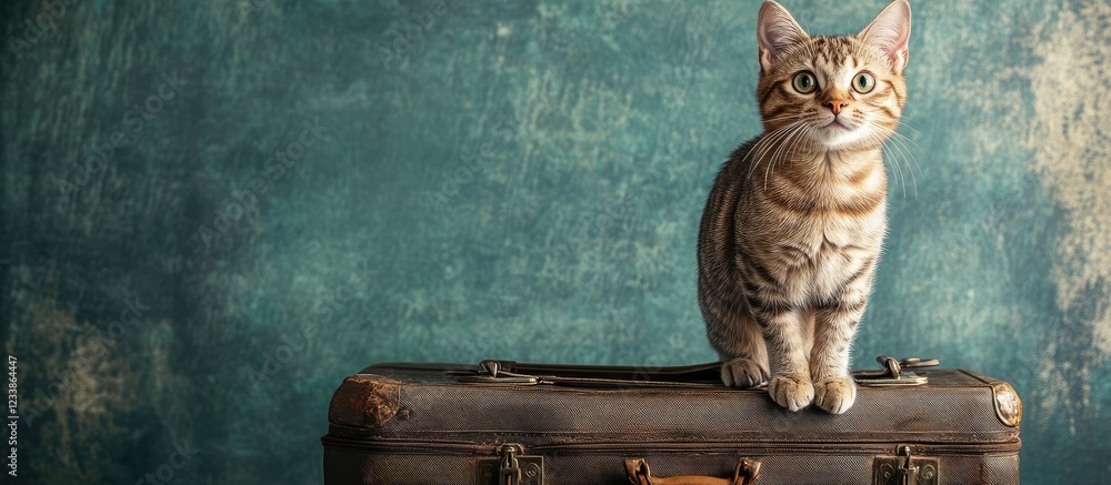 Poster cat sitting on vintage suitcase with room background and empty space for text use in travel or pet r