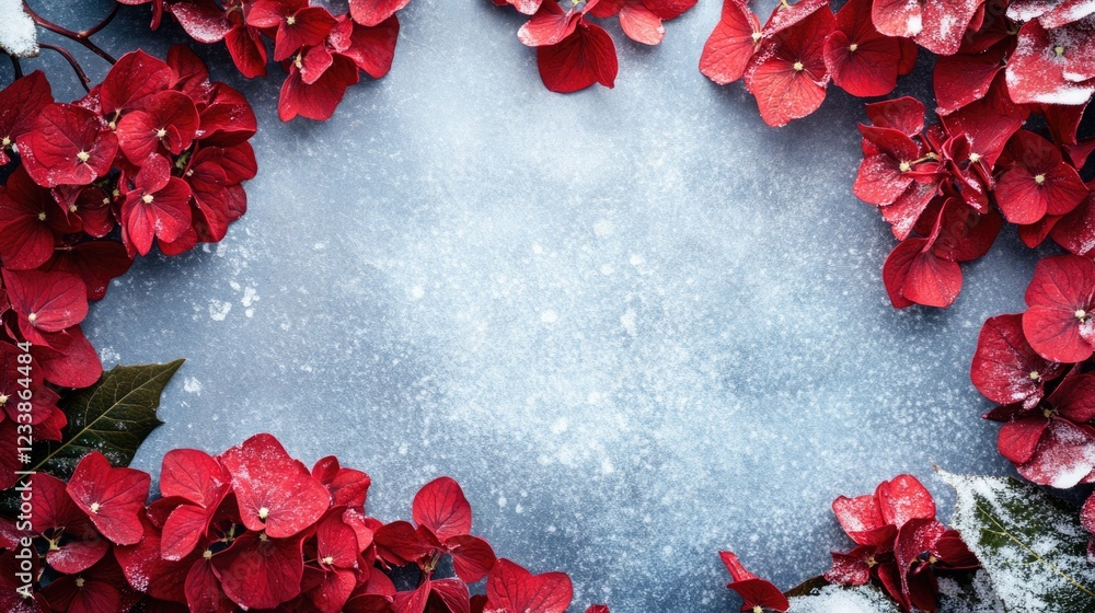 Poster winter scene featuring red hydrangea flowers framing frosty background with space for text or graphi