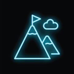 Neon sign illuminating a mountain peak with a flag on top representing success and achievement