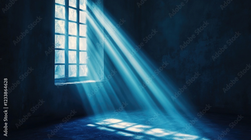 Poster sunlight filtering through a window casting dramatic blue and white rays in a dark room creating a s