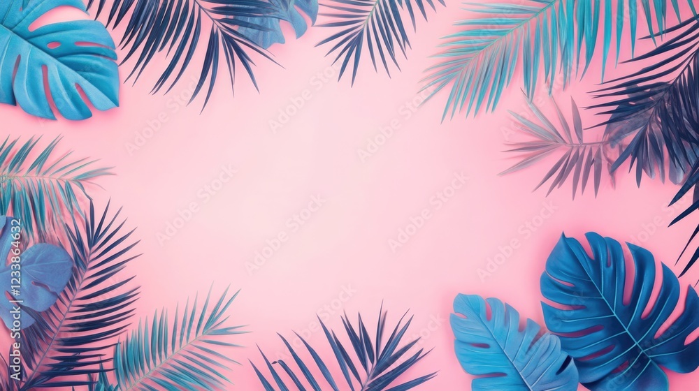 Poster tropical palm leaves texture on a pink background creating an inviting space for text or promotional