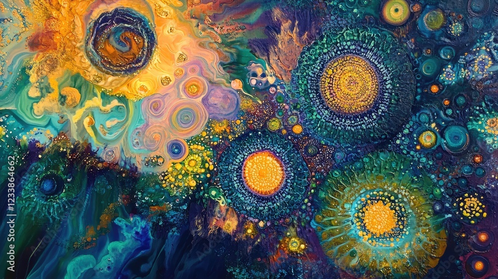 Poster Vibrant abstract composition featuring circular patterns with luminous aura radiating outward in a surreal colorful design