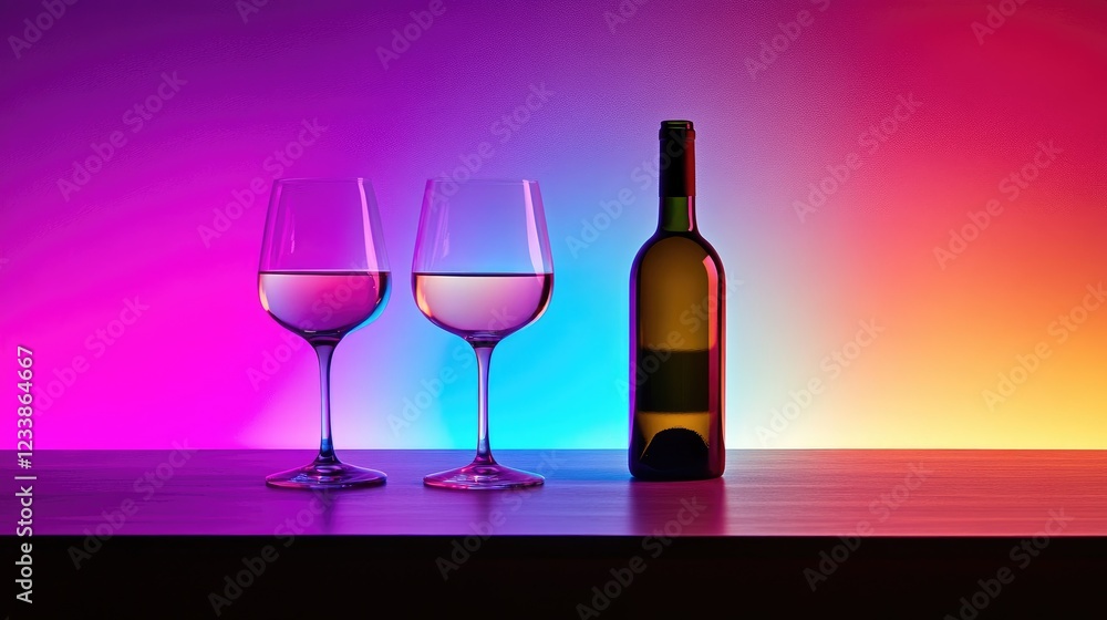 Poster wine bottle and glasses on table with vibrant colorful lighting background in elegant setting