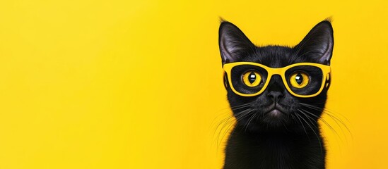 Playful black cat wearing yellow glasses on a vibrant yellow background with empty space for text or graphics