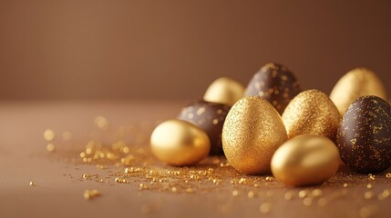Golden chocolate Easter eggs on brown
