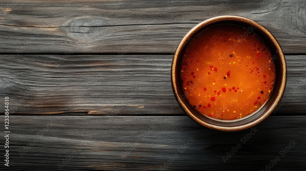 Aufkleber traditional tom yum soup in brown bowl isolated on rustic grey wood background with empty space for 