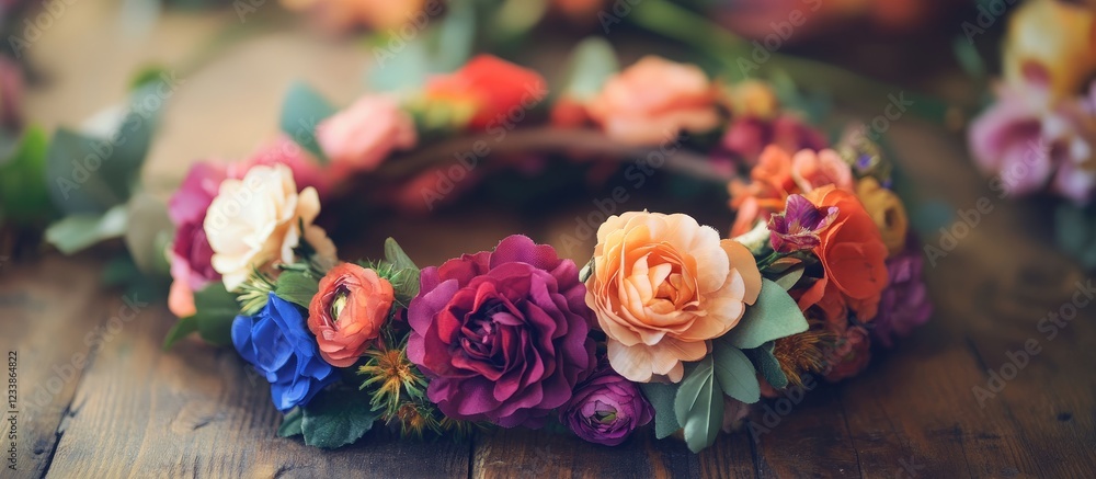Poster crafting colorful flower wreaths in a bohemian style workshop with floral jewelry elements and empty