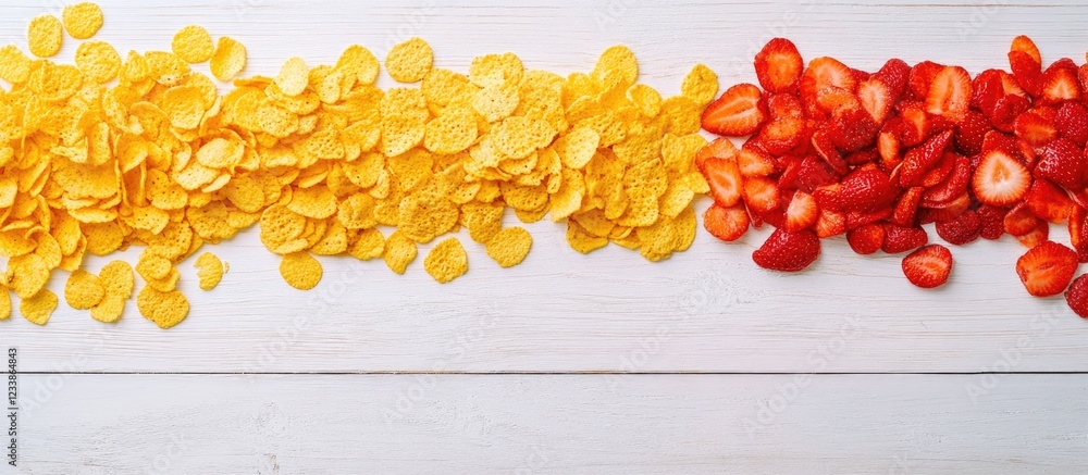 Poster cereal corn flakes with yogurt and fresh strawberries on a wooden table with empty space for text in