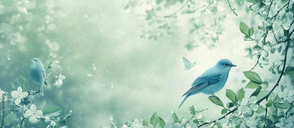 Aufkleber Serene Abstract Nature Scene Featuring Bluebirds and Soft Green Petals with Pastel Tones and Dark Foliage Ideal for Text Overlay