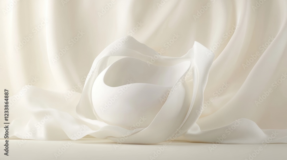Poster elegant minimalist display of a round white object draped in soft white fabric, ideal for creative p